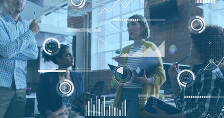 Poster - Image of financial data processing over diverse colleagues having meeting in office
