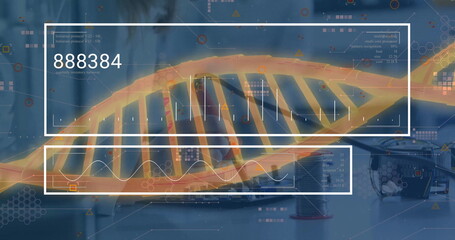 Poster - Image of dna strand and data processing over lab