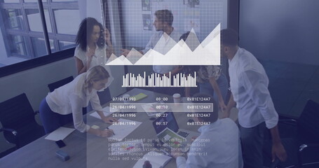 Poster - Image of financial data processing over diverse business people in office