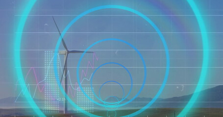 Poster - Image of financial data processing and scope scanning over wind turbines