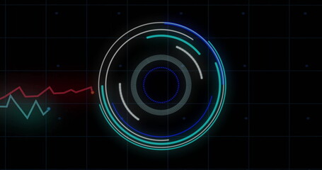Poster - image of financial data processing and scope scanning over black background
