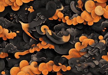 Wall Mural - A pattern of surrealistic animals in an orange and black color scheme