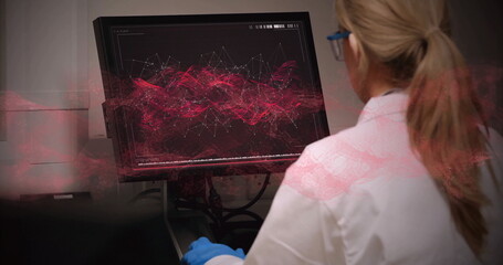 Poster - image of data processing over caucasian female scientist using computer in laboratory