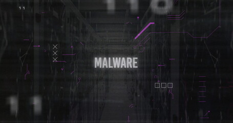 Wall Mural - Image of malware text and data processing over computer servers