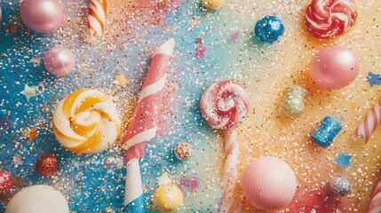 Poster - Overhead shot of a festive carnival background with confetti, ribbons, and colorful party items, with room for text.