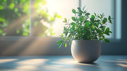 Poster - Potted plant on a table by window with sunlight, room interior. Ideal for decor, background