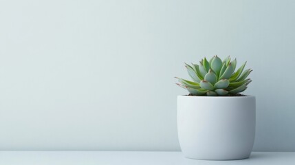 Wall Mural - A minimalistic succulent plant in a white pot sits against a pale wall, adding a touch of greenery to a serene, modern space.