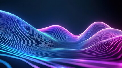 A futuristic abstract digital wave pattern, glowing neon blue and purple lines, smooth flowing shapes, high tech aesthetic, neatly arranged on a dark background