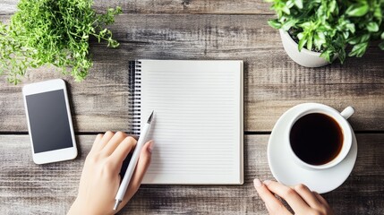 Aufkleber - Top view of a desk with a clean notebook, smartphone, and pen, with ample space for business communication content.