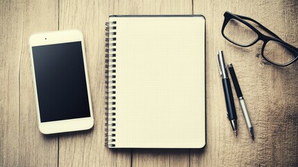 Aufkleber - Top view of a desk with a clean notebook, smartphone, and pen, with ample space for business communication content.