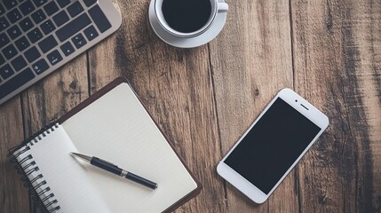 Aufkleber - Top view of a desk with a clean notebook, smartphone, and pen, with ample space for business communication content.