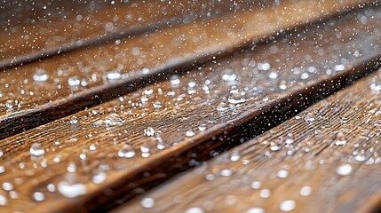 Poster - Raindrops on wooden deck surface, close-up shot, outdoor weather concept, natural texture, abstract use