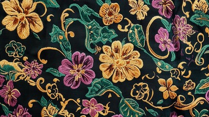  Embroidered Floral Fabric Texture  Dark Green  Gold  Purple Flowers