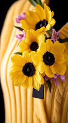 Canvas Print -   A close-up of a bouquet of flowers in a woman's sweater, with a tag on the back