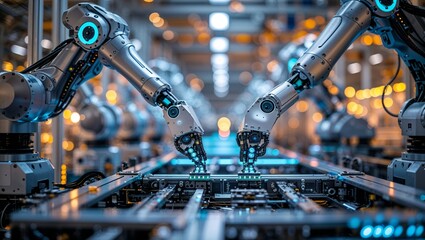 Poster - automation in modern manufacturing with robotic arms operating on an assembly line
