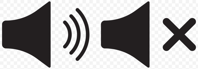 Poster - Mute speaker, sound off icon vector set collection. Volume, audio sign symbol. Speaker and mute icon set in black circles.  EPS 10.