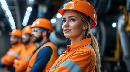 Wall Mural - Female engineer leading a team in a modern industrial factory