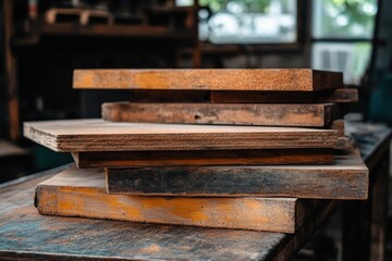 Stack of freshly painted wooden planks drying in a workshop environment with natural light. Generative AI