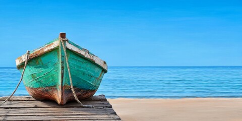 Poster - A colorful boat rests on a wooden dock, surrounded by calm blue waters and a clear sky, creating a serene coastal scene.