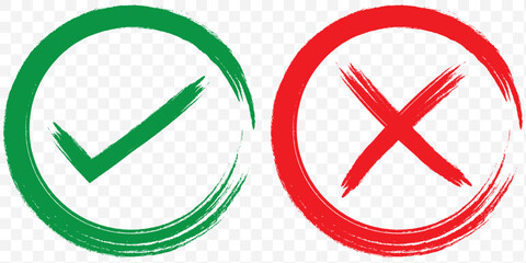 Poster - Set of tick and cross brush icon collection. Check and cross symbol. Vector Illustration. Hand drawn checklist symbols. Green check mark and red cross mark vector icons. EPS 10.