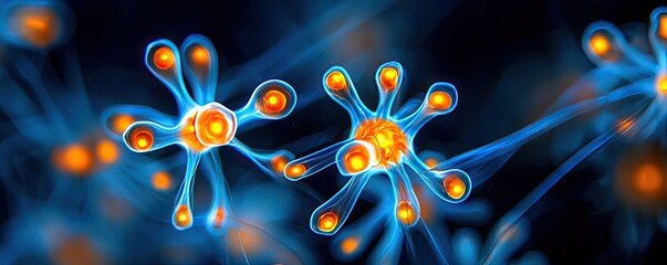Poster - Ocean acidification concept. Abstract representation of colorful neurons connected by glowing fibers on a dark background.