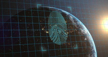 Poster - Image of biometric fingerprint and connection with padlocks over globe and dark background