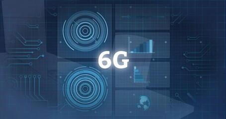 Poster - image of 6g text, digital data processing over screens