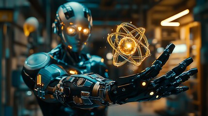 Poster - Robot holds an atomic model in a futuristic lab setting, simulating science and technology uses