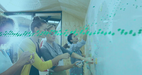 Poster - Image of diagrams and data processing over diverse colleagues discussing work in office