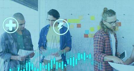 Poster - Image of diagrams and data processing over diverse colleagues discussing work in office