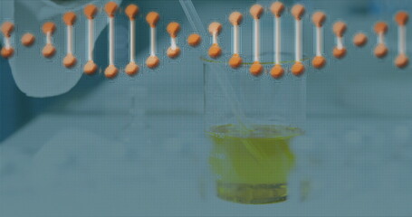 Poster - Image of dna strand over scientist working in lab