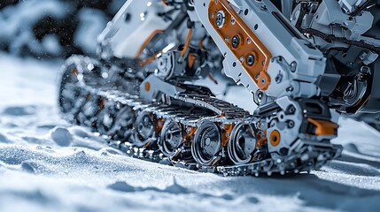 Poster - Robotic arm on treads operates in the snow-covered outdoors. Background of cold forest. Could be used for research