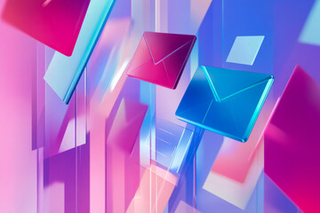 Fototapete - Brightly colored envelopes float through a modern digital landscape, symbolizing rapid communication in a vibrant, tech-inspired environment filled with abstract shapes. Generative AI