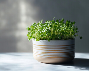 Poster - A close-up image of microgreens growing in a ceramic pot with a striped pattern, symbolizing healthy, sustainable living and indoor gardening in a modern home decor setting.