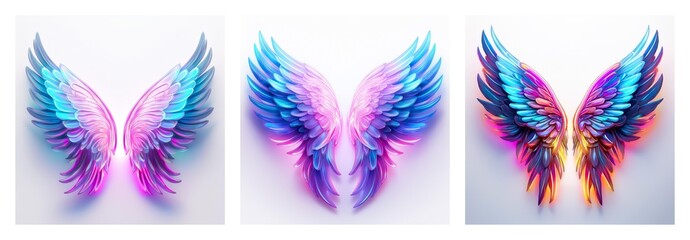 Poster - Isolated collection of three vibrant wings. Each pair displays unique color palettes, isolated against a white background.