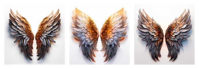 Poster - Isolated collection of three pairs of detailed wings. Each pair displays unique feathery textures and varied color tones on a white background.