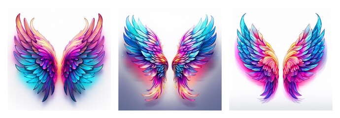 Poster - Isolated collection of three pairs of vibrant, colorful wings. Feathered designs in bright hues, digitally painted and isolated on white.