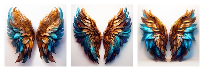 Poster - Isolated set of three pairs of decorative wings. Brown and blue feathers create a fantasy, angelic, and ethereal collection.