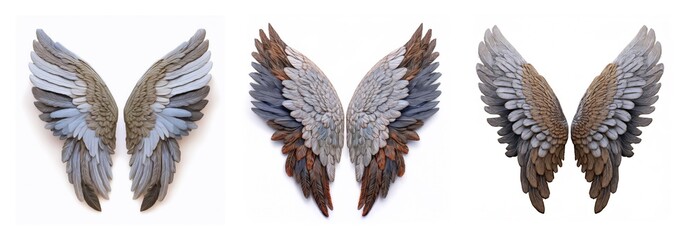 Poster - Isolated collection of three pairs of detailed wings. Varied colors and feather textures are displayed against a clean white backdrop, showcasing each wing set.