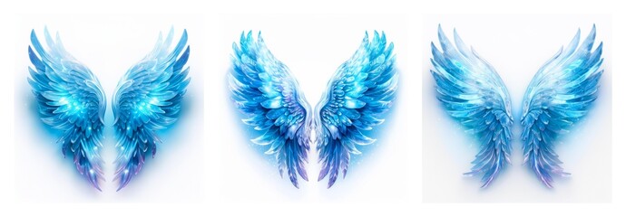 Poster - A beautiful isolated collection of three pairs of blue ethereal wings, digitally rendered with a soft glowing effect, on a clean white backdrop.