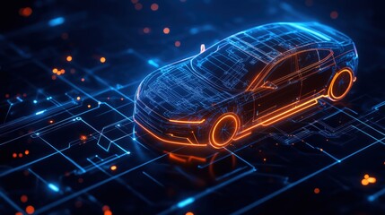 Poster - Futuristic Digital Blueprint of a Car with Neon Overlay and Circuitry Background