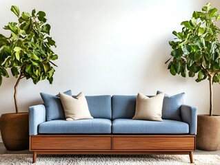 Modern blue sofa with wooden base and decorative pillows in stylish interior. Ideal for interior design mockup and advertisement. Generative AI.