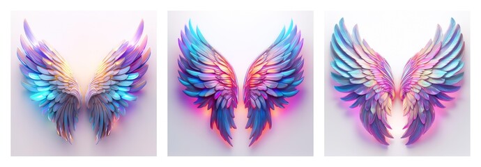 Poster - Isolated collection of three pairs of iridescent wings with vibrant colors and detailed feather texture, glowing softly against a plain background.