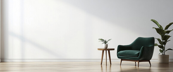 Poster - Modern interior with a green armchair, small wooden table with a potted plant, and a large bright window casting soft light, symbolizing comfort and minimalism in a living room.