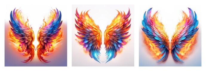 Poster - A vibrant collection of three isolated wings, each showcasing a unique blend of fiery orange, red, and cool blue hues. The feathers appear soft and ethereal.
