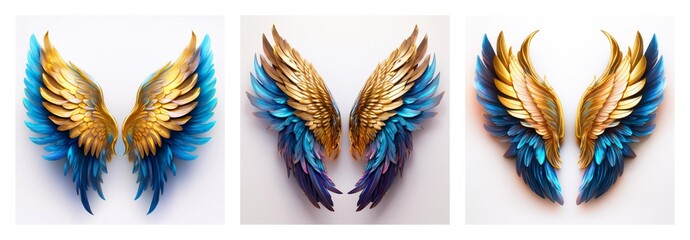Poster - A collection of three pairs of ornate wings, isolated against a white backdrop. The wings display golden and blue feathers in varying styles and shapes.