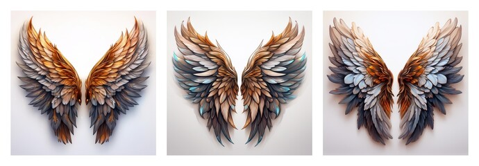 Poster - Isolated collection of three pairs of decorative wings. Each pair shows different colors, including brown, white, and blue feathers.
