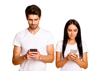 Aufkleber - Photo of two people don't mind each other look telephones screen online addiction wear casual clothes isolated yellow color background