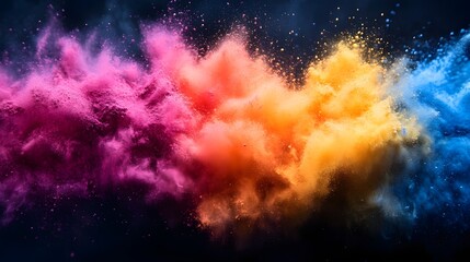 Poster - Dramatic colorful powder explosion against dark night sky with vivid burst of vibrant paint dust and sparks for festive design or background