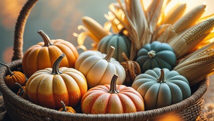 Poster - colorful pumpkins and corn displayed in a woven basket during autumn